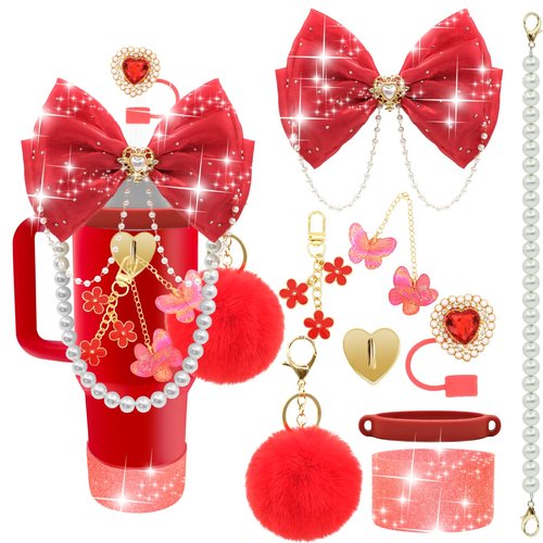 LBU Bling Stanley Cup Accessories for 40/30/20 oz Tumbler with Handle Including Glitter Bow Straw Topper, Heart Straw Cover, Water Bottle Handle Strap, Boot, Pom-Pom, Keychain Charms(Red)