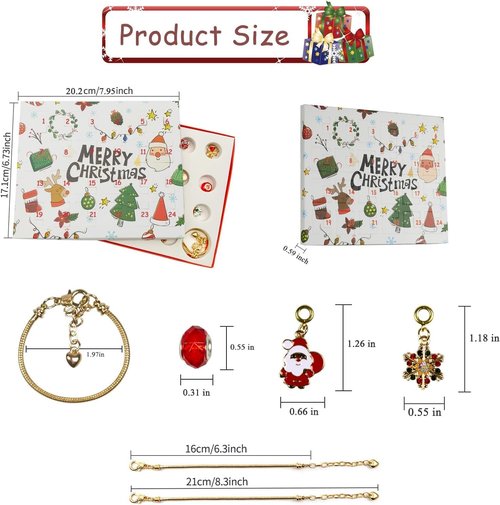 Gold Christmas Advent Calendar Bracelet - 24-Day Countdown Kit with DIY Jewelry & Charms for Girls 6-18