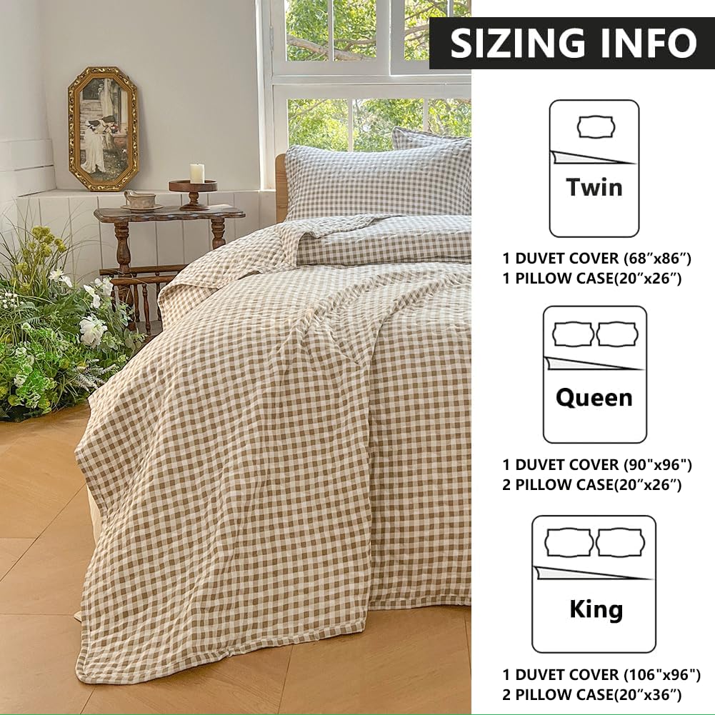 Tan Gingham Queen Quilt Set, Soft Pre-washed Microfiber Taupe Plaid Queen Bedspread, Lightweight Checked Summer Quilt, Grid Bedding Coverlets for All Seasons (Includes 1 Quilt, 2 Pillow Shams)