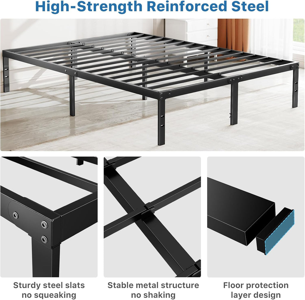 OLIXIS Metal Queen Bed Frame - 14" High with Storage Space & Sturdy Steel Support | Easy Assembly, Black