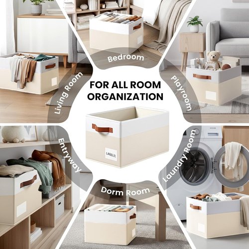 4 Pack Large Closet Storage Baskets - Heavy Duty Organizer Bins with Handles & Labels | 14x10 Collapsible Design for Living Room, Bedroom, Nursery, Dorm