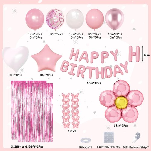 DBKL Pink Birthday Party Decorations, Pearl White Pink Metallic Pink Flower Foil Balloons Birthday Banner Butterfly Fringe Curtains Decorations for Women Girls Party Supplies