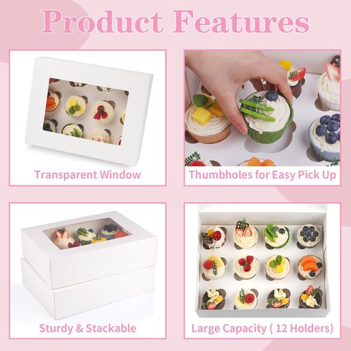 Svalor Cupcake Boxes, 4 Pack Disposable Cupcake Containers, Food Grade Cupcake Carrier 12 Count with Window and Inserts, Cupcake Transport Holders Bulk for Muffins Cookies Treats Dessert（White）
