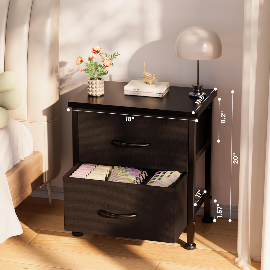 Simple Deluxe Nightstand 2 Drawers Dresser for Bedroom, 3-Tier Bedside Table with Fabric Bins, Night Stand Set 2, End Table for Living Room, Wood top Load-Bearing up to 44 lb, Black