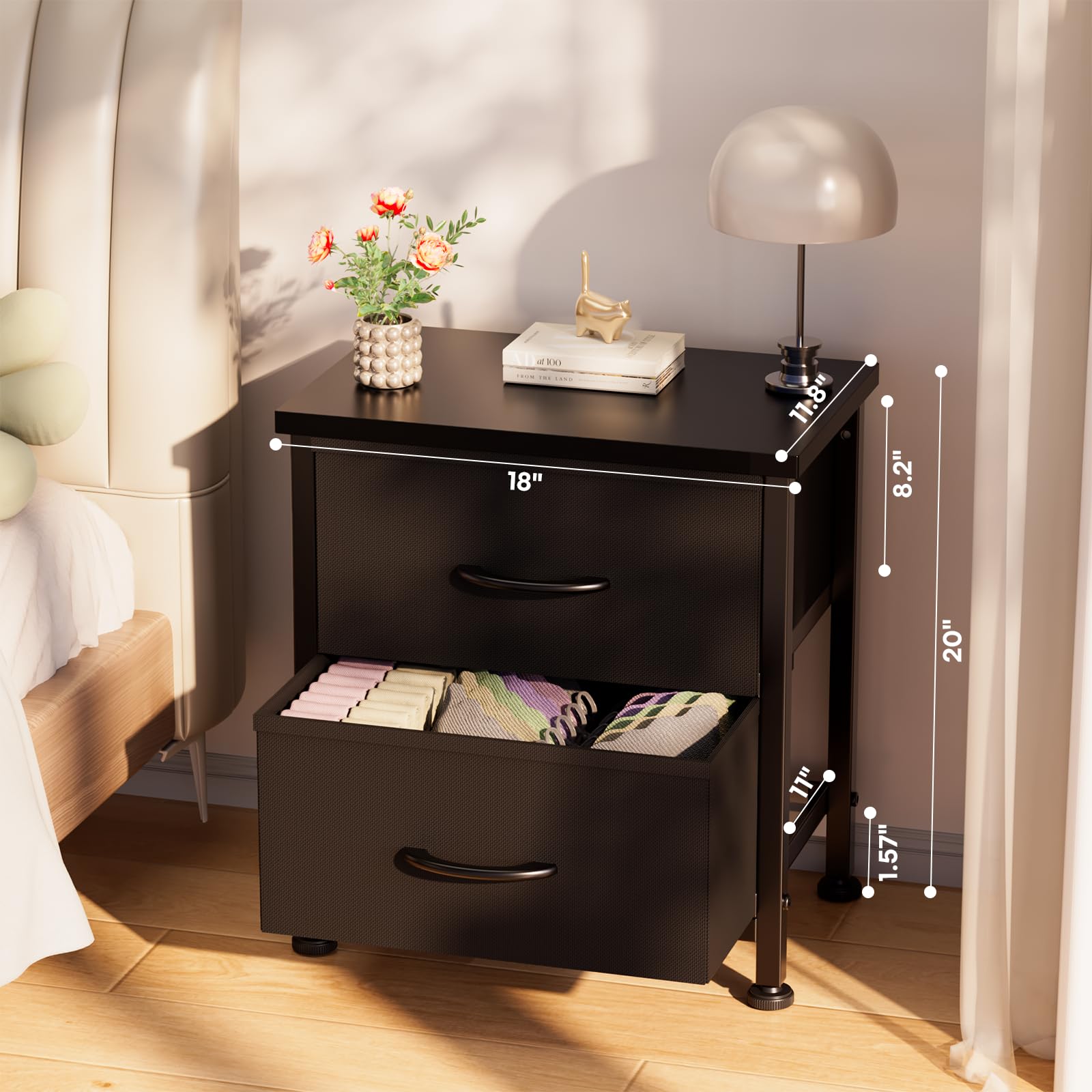 Simple Deluxe Nightstand 2 Drawers Dresser for Bedroom, 3-Tier Bedside Table with Fabric Bins, Night Stand Set 2, End Table for Living Room, Wood top Load-Bearing up to 44 lb, Black