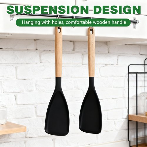 Silicone Spatula Spoon, Cedar and Ash Spoonula, Multifunction Spatula Cooking Spoon for Nonstick Cookwares with Lengthed Wooden Handle, for Mixing, Scoop, and Scrape (2 Black)