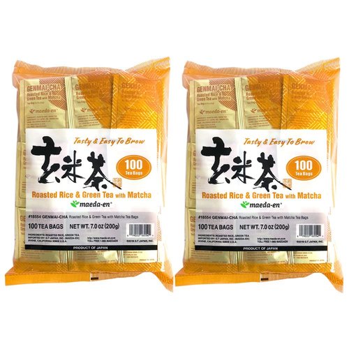MAEDA-EN Genmai-cha with Matcha Roasted Rice and Green 200 Tea Bags Powder Japanese Origin Green Tea Leaves Individually Wrapped Teabags 18554 2pk