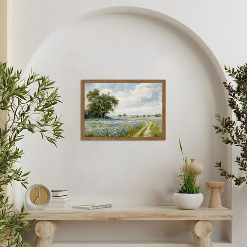 Framed Vintage Canvas Wall Art - Rustic Country Landscape Wildflower Field Decor | 8x10 Inch
