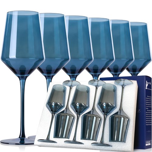 comfit Midnight Blue Wine Glasses Set of 6-15oz Hand Blown Blue Wine Glasses Set for Party Wedding Home Bar, New Year Gifts