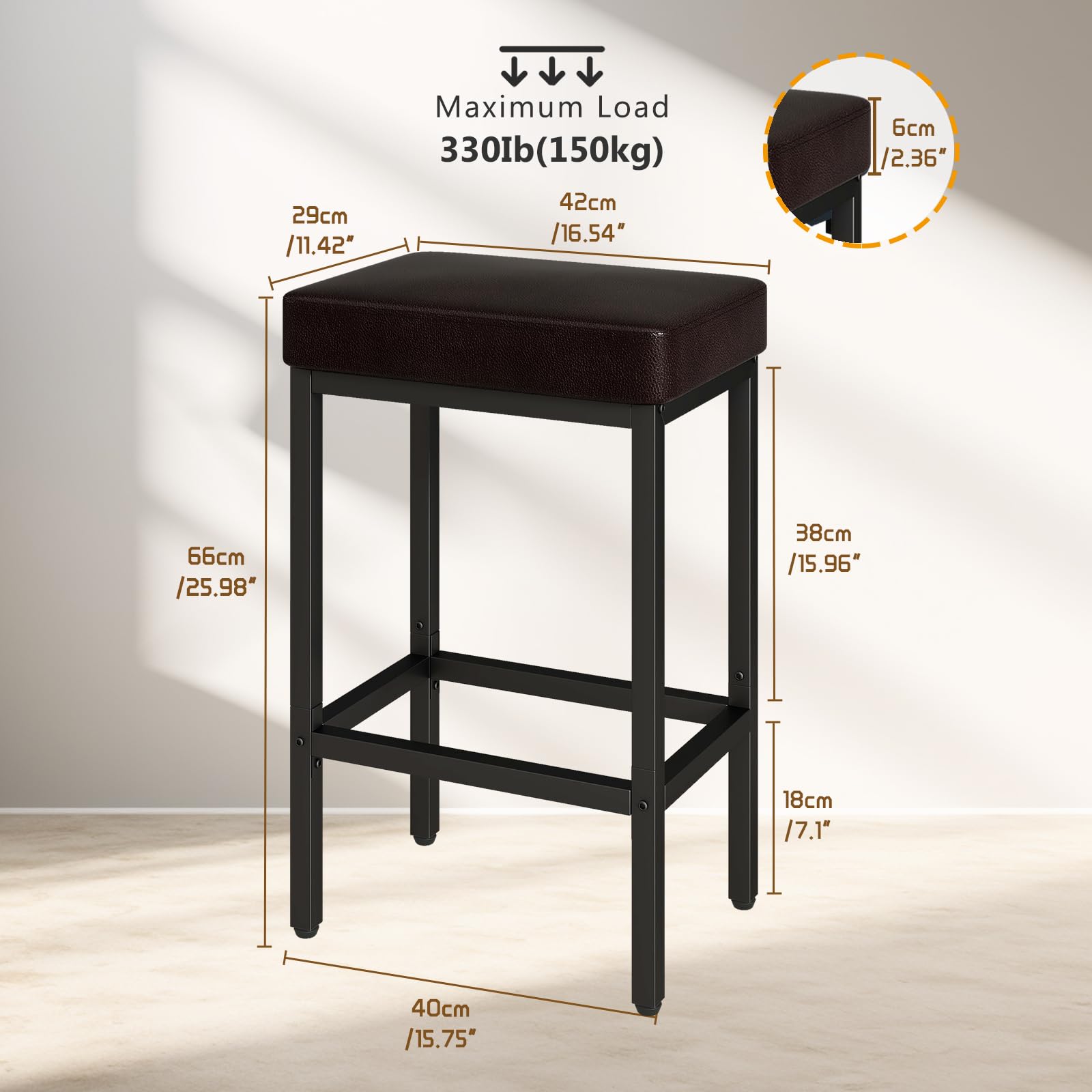 YMYNY 26 Inch Counter Height Bar Stools Set of 2, Dark Brown Modern Kitchen Barstools with Metal Leg, Bar Stool Chairs for Kitchen Island Counter Breakfast Bars Living Room Party, UHBS513K