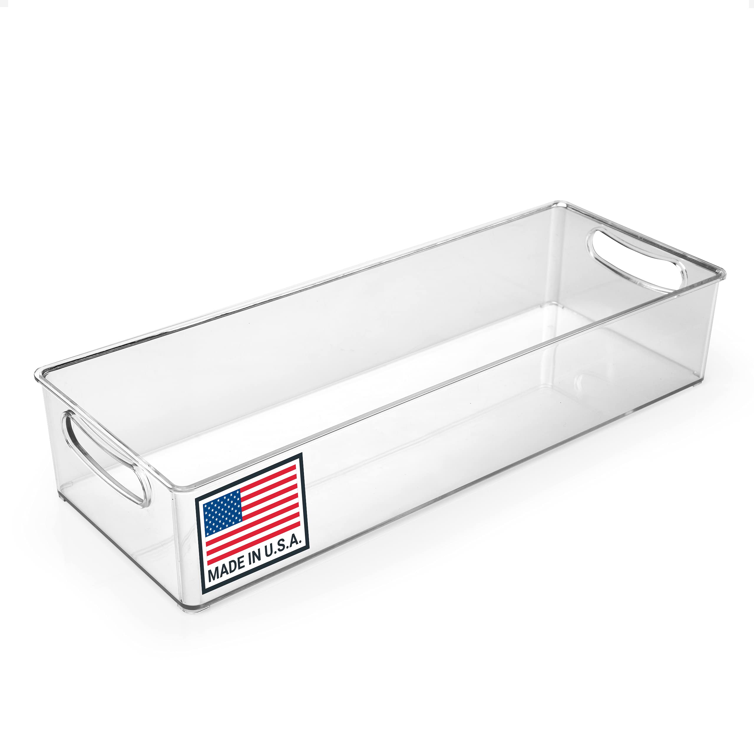 Pikanty Clear Refrigerator Organizer Bin with Handles — 15 Inch Stackable Fridge and Pantry Storage Container for Snacks, Produce, Cans, Yogurt, Condiments, Dishwasher and Freezer Safe, Made in USA