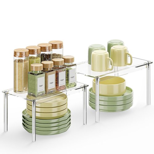 Delamu Clear Kitchen Cabinet Organizer, Set of 2 Acrylic Shelf Organizer for Cupboard Organizers and Storage, Stackable Cabinet Shelf for Plate, Dish, Bowl, Cup & Mug, 11.7" W x 7.7" D x 6.3" H