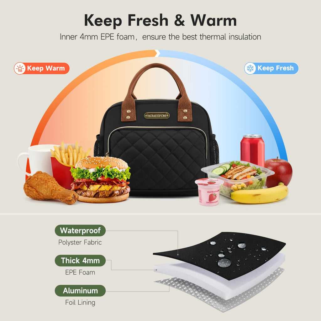 HOMESPON Lunch Bag for Woman Man Adults with Front Pocket Insulated Lunch Tote with Side Pockets Lunch Box Container for Work Picnic or Travel (Black Golden)