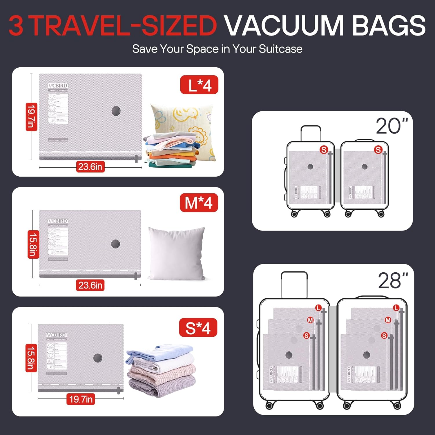 VMstr Vacuum Seal Compression Bags - 12-Pack Travel Space Saver Bags with Electric Pump for Clothing