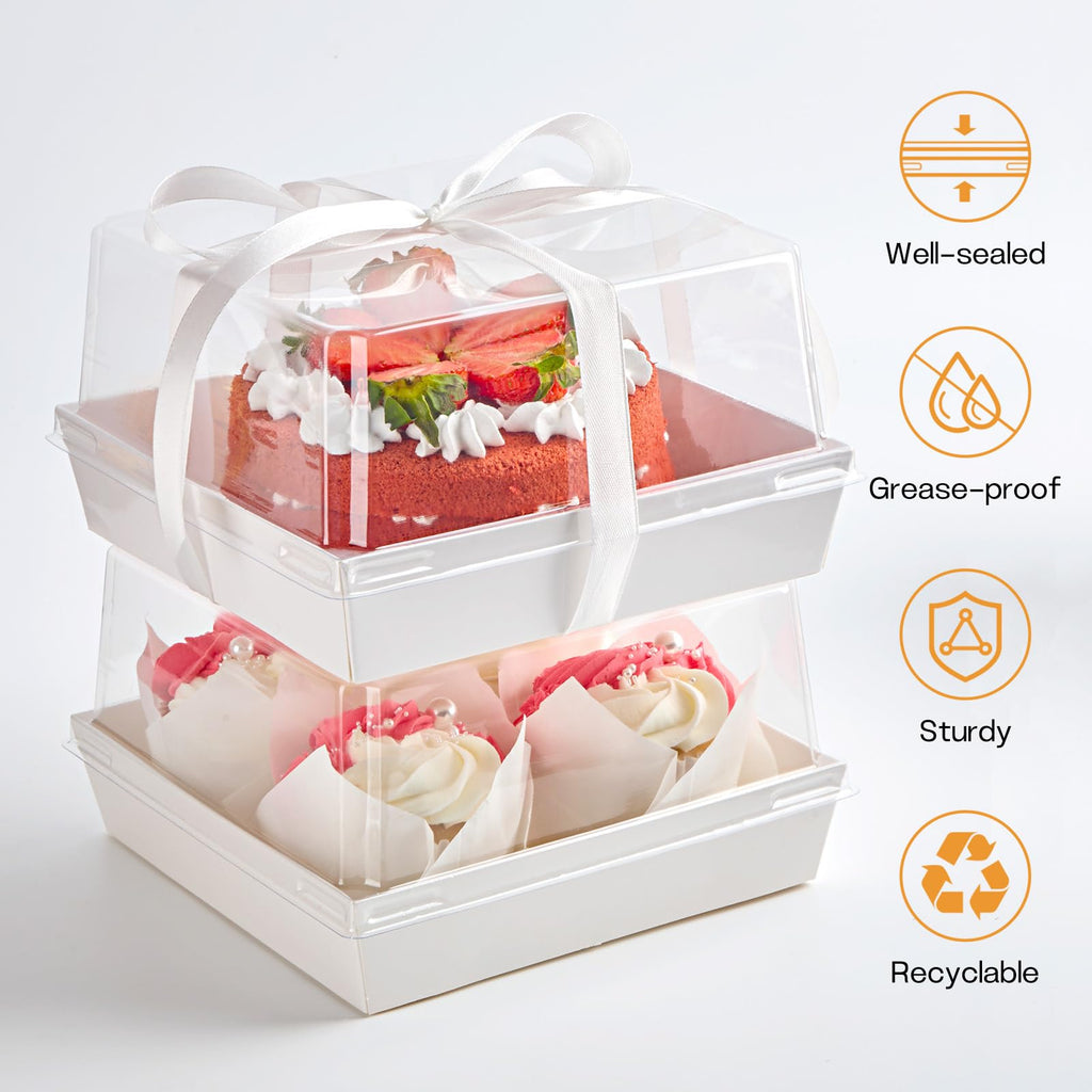 ZORRITA Paper Cake Boxes with Clear Lids, 7" x 7" x 4", 40 Pack, White