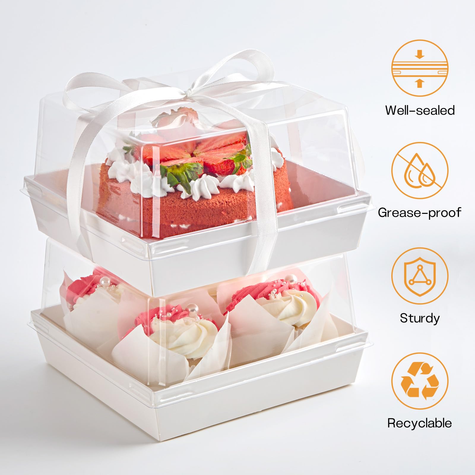 ZORRITA Paper Cake Boxes with Clear Lids, 7" x 7" x 4", 40 Pack, White