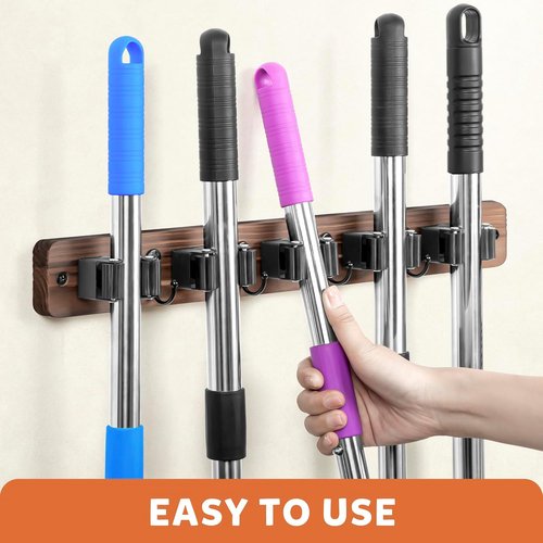 IMILLET Broom Holder Wall Mount - Rustic Wood Organizer with 5 Racks & 4 Hooks for Home & Garden Storage