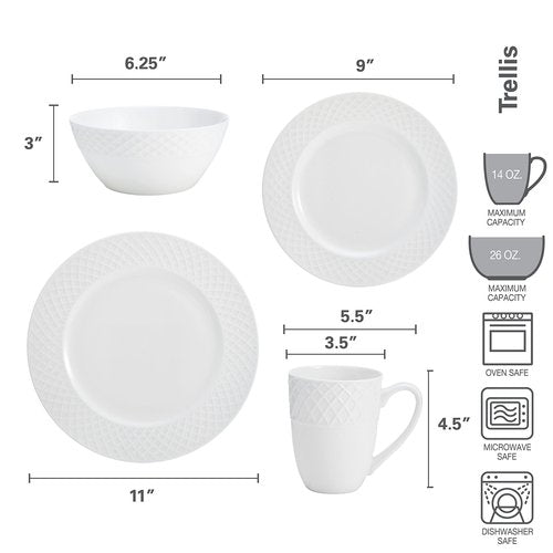 Mikasa Trellis Bone China 16-Piece Dinnerware Set, Service for 4, White Lightweight Porcelain with Textured Design, Chip-Resistant and Dishwasher Safe