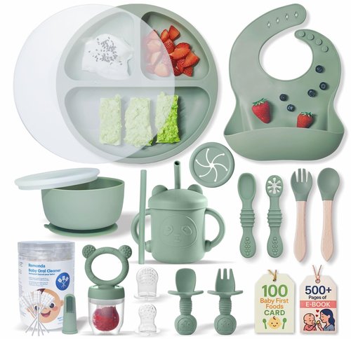 Remonda 23-Piece BPA-Free Silicone Baby Feeding Set | Extra Large Suction Plates, Toddler Bowls, Self Feeding Spoons, and More | Dishwasher Safe| Baby Led Weaning Supplies (Green) A2
