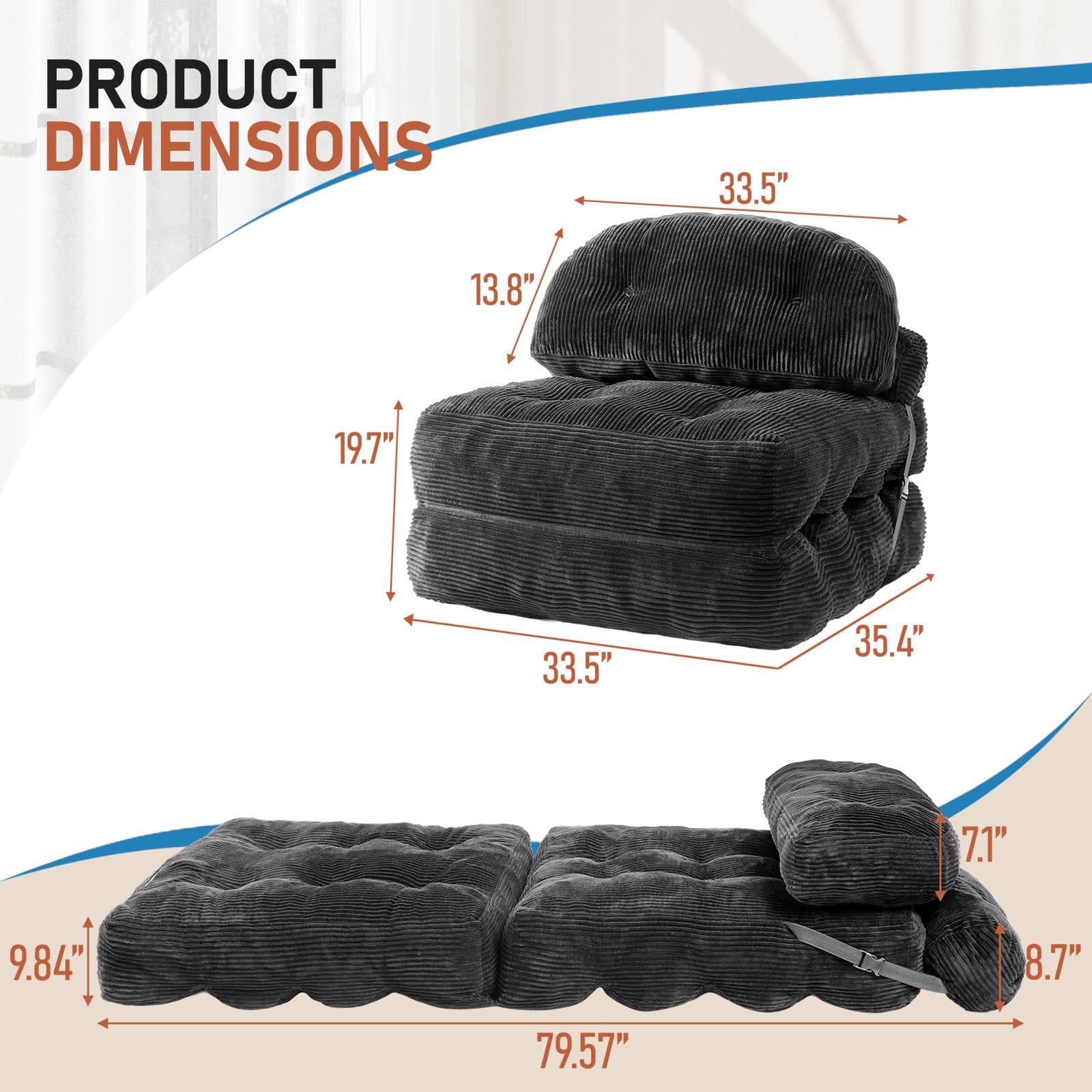 Vellorise Folding Sofa Bed, Convertible Sleeper Chair with Back Support and Pillow Futon,Boneless Foldable Couch for Living Room/Guest Use/Home Office, Foldable Chair Bed for Adults, Dark Gray