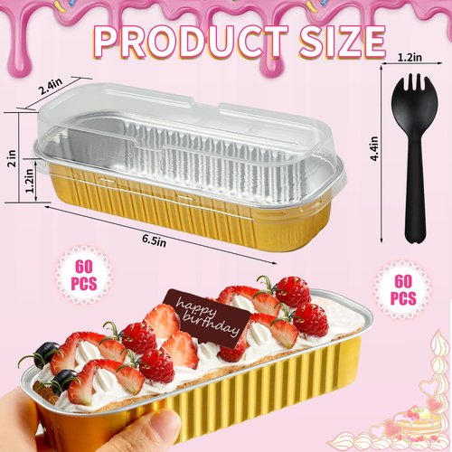 FFNIU 120Pcs Mini Loaf Pans with Lids and Spoons, Aluminum Foil Baking Pans, Rectangle Mini Cake Pan, Brownie Baking Cups for Picnics Party (Gold)