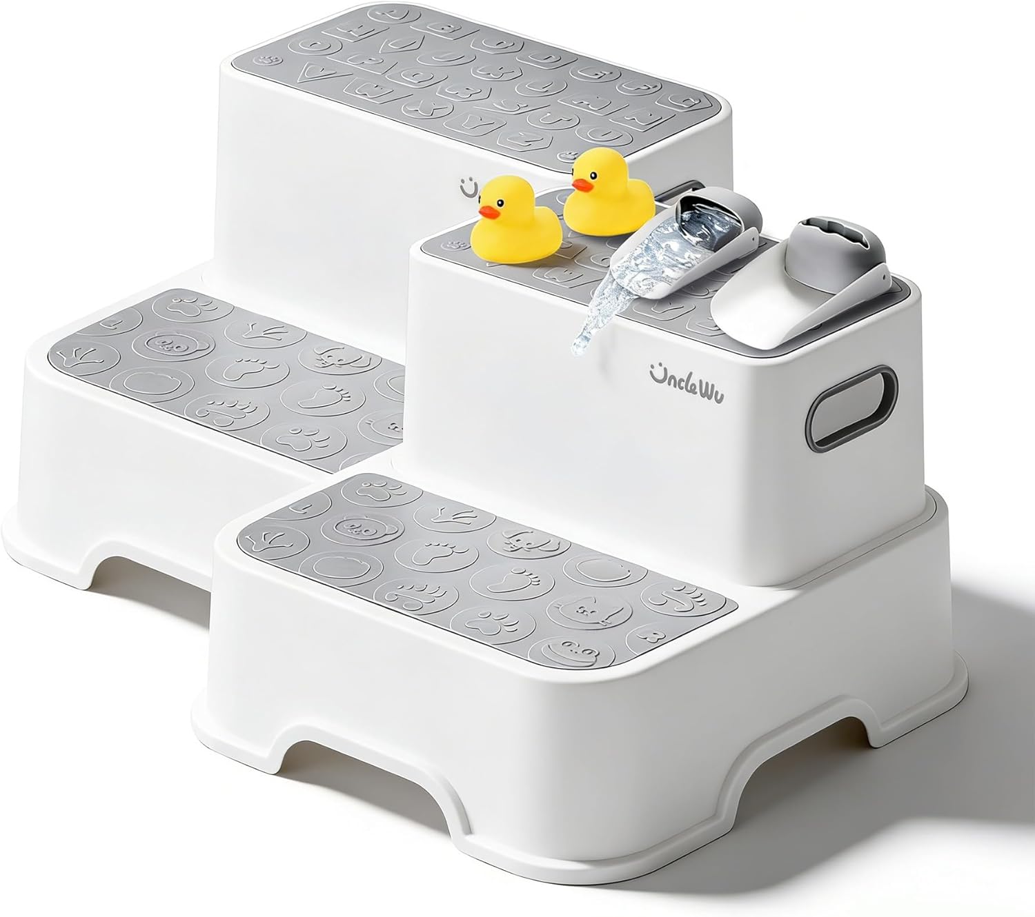 Skiennix 2-Pack Kids Step Stool - Non-Slip Bathroom & Kitchen Stool with Faucet Extender & Duck Toys | Heavy Duty 200lbs (Grey)
