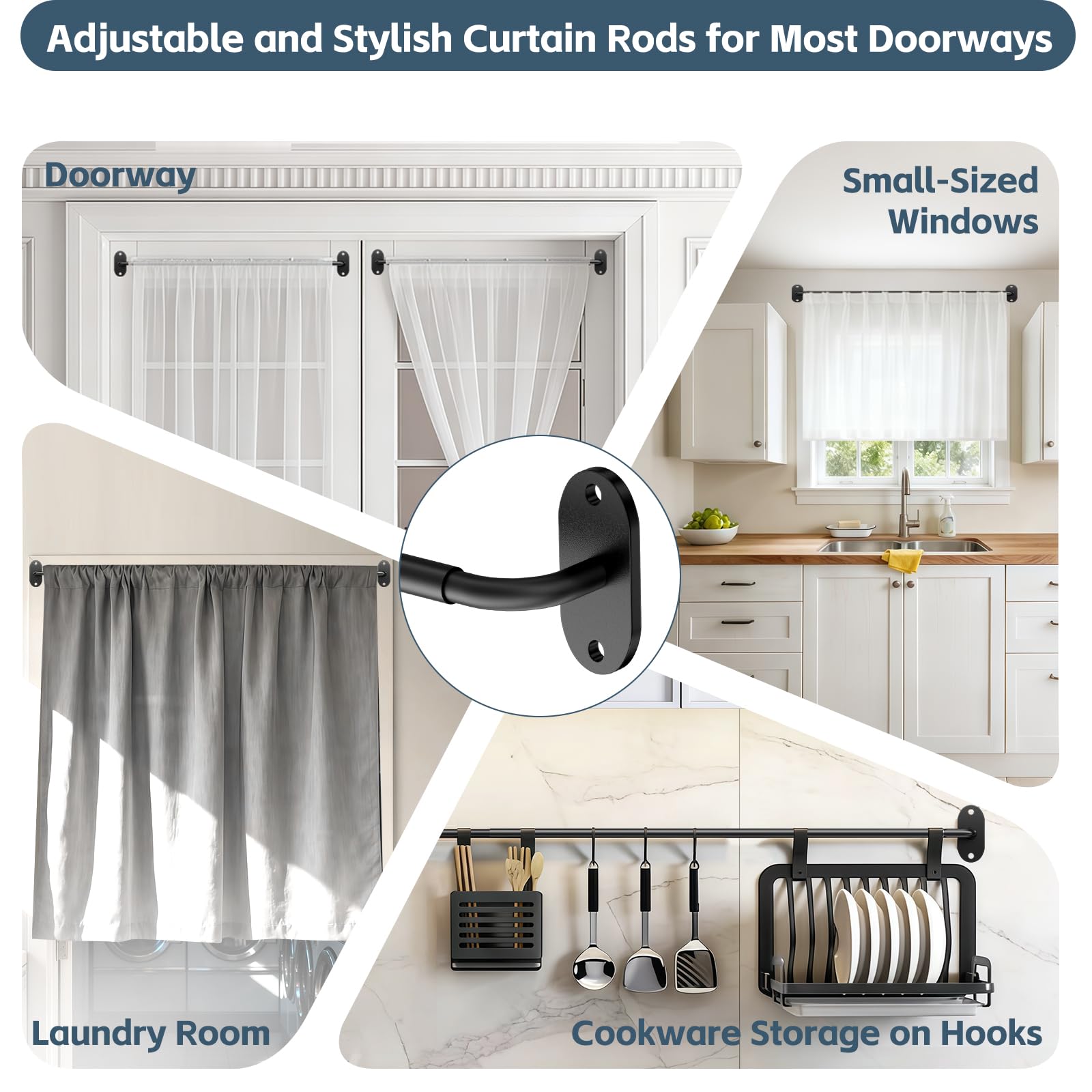 OICIPT 2 Pack French Door Curtain Rod, Screw-Mounted Sash Rods Adjustable 18–30 Inch, 1/2" Diameter Wrap Around Curtain Rods for Doors & Small Window, Black