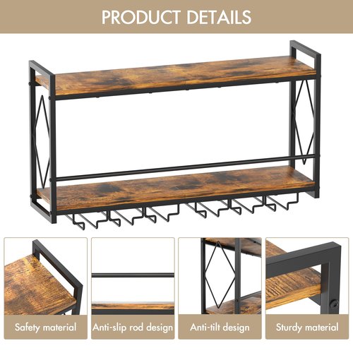 Nidouillet Wall Mounted Wine Rack with LED Light, 31.5" Bar Liquor Shelves with Glass Holder, Metal Hanging Bar Shelves Wine Storage Rack Display for Kitchen Home Bar Dining Room Living Room
