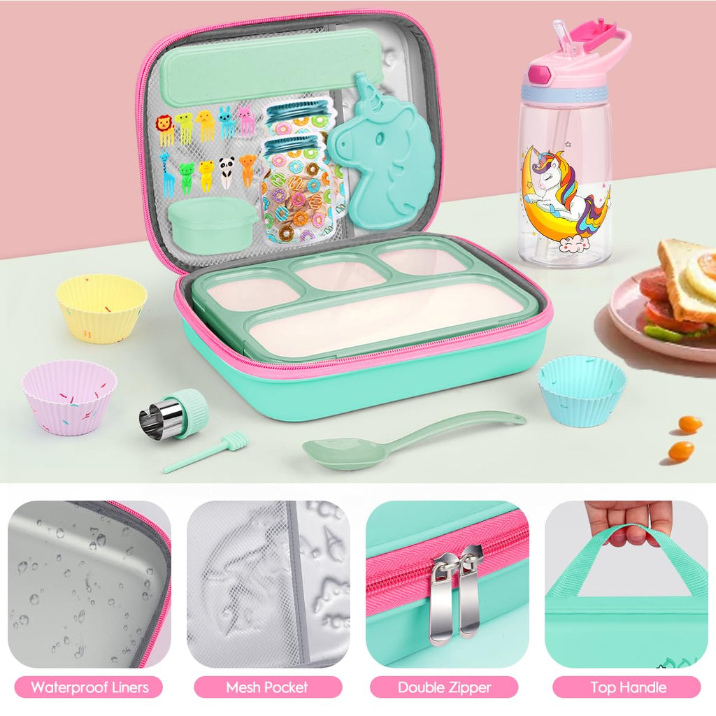30Pcs Bento Box for Girls,Insulated Unique Lunch Bag Set 4 Compartments Lunch Box with Accessories Ice Pack Water Bottle Silicon Cap Spoon Fork Salad Container for Lunch Kids School Supplie,Green