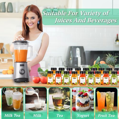 100PCS 4OZ Plastic Juice Bottles with Caps, Clear Shot Bottles Reusable Containers with Labels, Funnel and Brush，Suitable for Juice Milk, Tea, Drinking, Smoothie, and Other Beverages (100, 4, ounces)