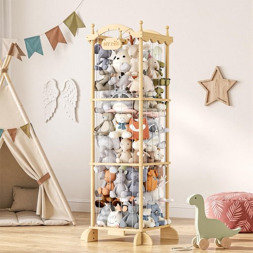 COSYLAND Large Stuffed Animal Storage Organizer for Kids, Wooden Plush Toy Holder with Top Rope Clips, Elastic Cords & Nameplate, Holds 70+ Stuffed Animals for Playroom & Corner
