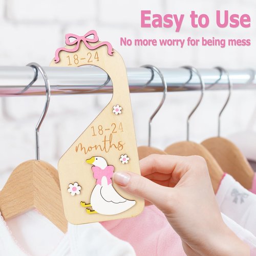 FYSUIMU 7Pcs Goose Wood Baby Closet Size Dividers with Storage Bag Pink Bow Goose Hanging Closet Organizer Newborn to 24 Month Infant Wardrobe Organizer for Home Nursery