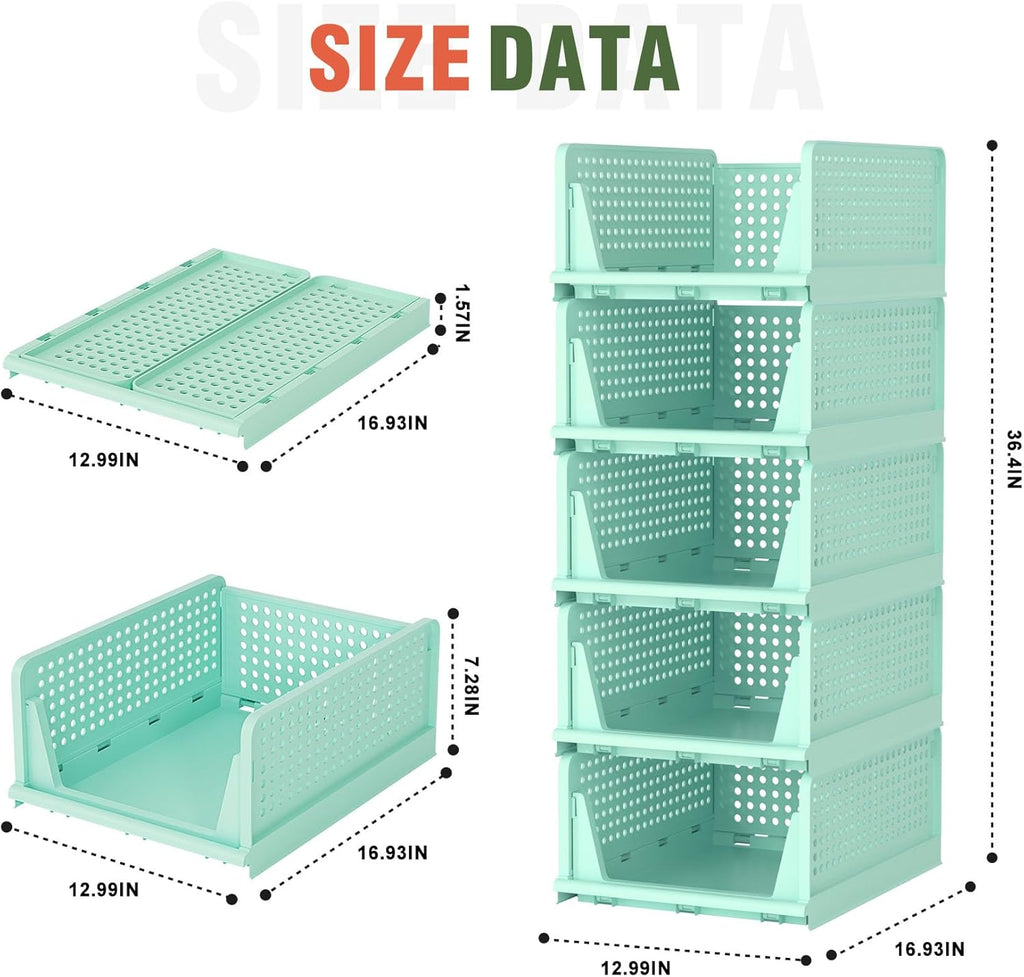 Stackable Plastic Storage Drawers - Closet Organizer with Open Bins for Clothes | 5-Drawer Set in Green