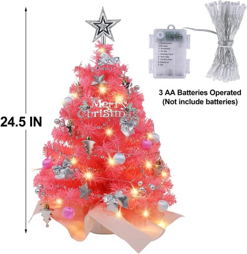Juegoal 24-Inch Pink Mini Christmas Tree - Lighted Tabletop Artificial Pine with 50 LED Lights & Timer