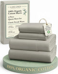 LANE LINEN 100% Organic Cotton Queen Sheets - Soft, Naturally Cooling Percale Weave Set in Silver