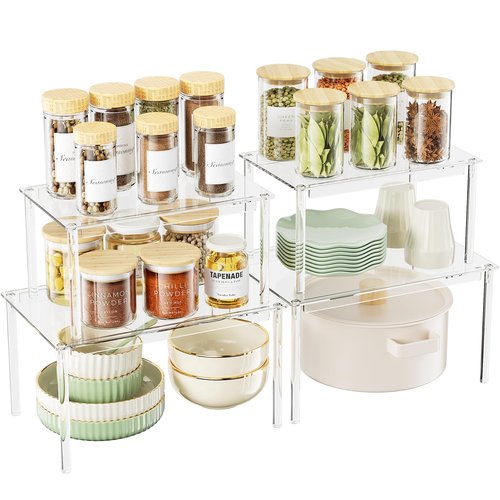 Delamu Clear Kitchen Cabinet Organizer, Set of 4 Acrylic Shelf Organizer for Cupboard Organizers and Storage, Stackable Cabinet Shelf for Plate, Dish, Bowl, Cup & Mug, 11.7" W x 7.7" D x 6.3" H