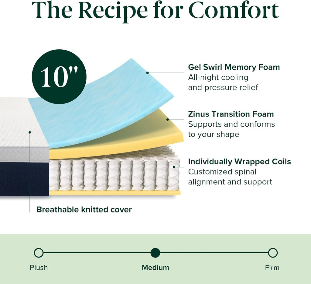 ZINUS 10 Inch Queen Cooling Comfort Hybrid Mattress - Medium Firm, Fiberglass Free, Motion Isolation
