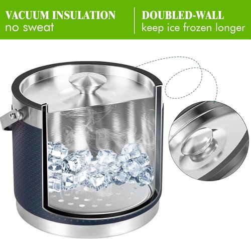 3Quart/3.2L Insulated Stainless Steel Ice Bucket with Lid, Scoop, Leather Design Double Wall Wine Bucket for Cocktail Bar, Parties (Dark Blue)