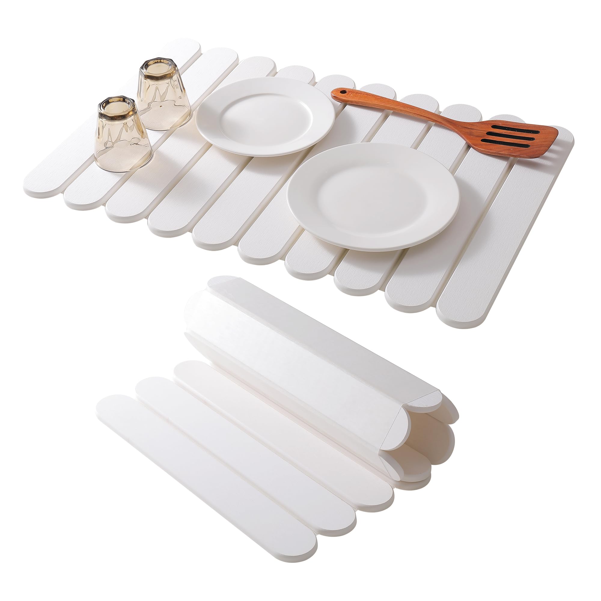 16"×12" White Stone Dish Drying Mats for Kitchen Counter, Large Quick Dry Collapsible Eco-Friendly Super Absorbent Diatomaceous Earth Heat-resistant Mat for Dishes Bottles Cups, Match Any Countertop