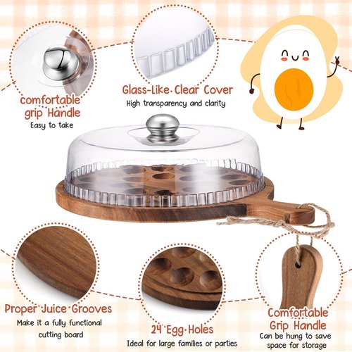 FillTouch Easter Acacia Wood Deviled Egg Platter with Lid and Handles 24 Holes Round Deviled Egg Tray Holder Reversible Wooden Charcuterie Board Serving Containers for Countertop Easter Party