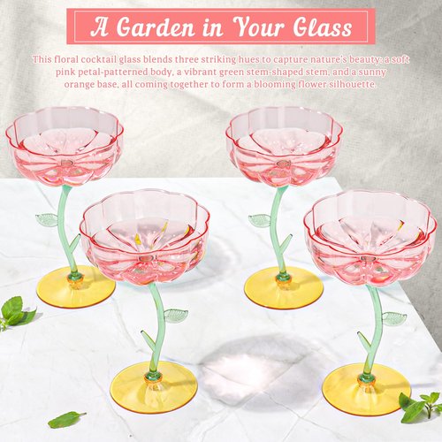 HKSZEH 48 Pcs Pink Plastic Ribbed Coupe Glasses Detachable 7oz Flower Cocktail Glasses Modern Wavy Plastic Cocktail Coupes Disposable Martini Glasses Mimosa Glassware champagne goblets (48, PInk)