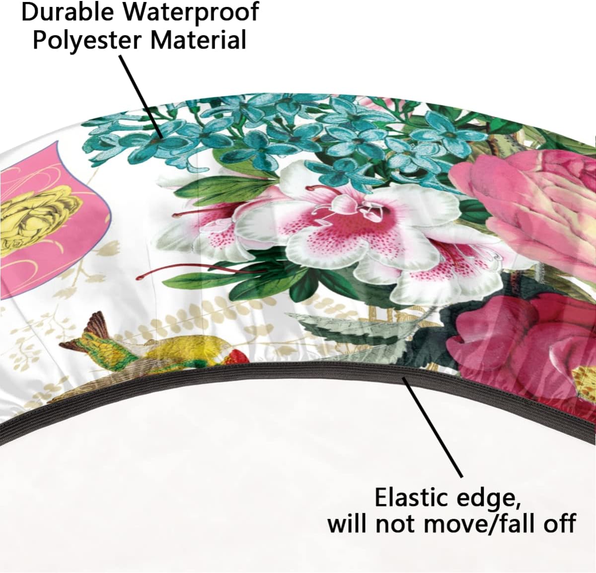 Skiennix Spring Flower Round Tablecloth - Retro Floral Hummingbird, Washable & Wipeable, Fits 45-50" Tables