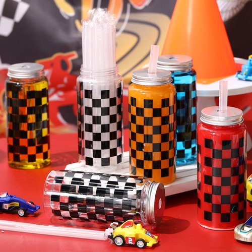 Patelai 24 Pack Race Car Cups 13.5 oz Plastic Tumbler with Lid and Straw Checkered Flag Party Supplies Clear Black Plaid Cups for Race Car Birthday Sports Themed Party Supplies