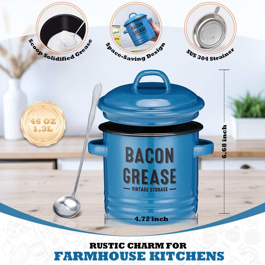 ONEARF Bacon Grease Container with Strainer - Large 46OZ Kitchen Oil Storage Can, Food Saver Bin with Lid | Farmhouse Cooking Pot Keeper Collector, Dishwasher Safe - Blue