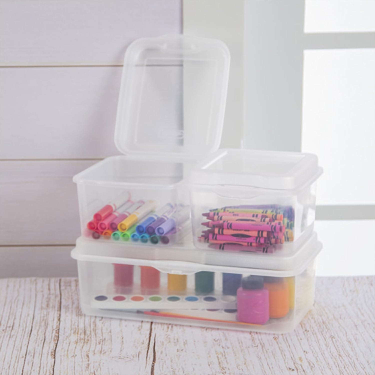 Sterilite 6-Pack Rectangular Large Flip-Top Storage Boxes - Clear Stackable Organizers for Crafts, Photos & More
