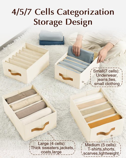 Homsorout Clothes Organizer - Foldable Fabric Jeans Storage with Handles | 6 Pack, Beige, 4/5/7 Grids