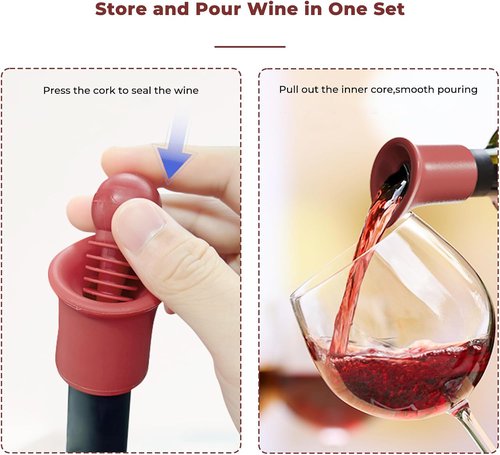 2 Pack 2 in 1 Silicone Wine Bottle Stoppers & Pourers, Upgraded Reusable Wine Preserver, Champagne Stoppers with Vacuum, Ideal Gift Accessory for Wine Lovers (Black&Red)
