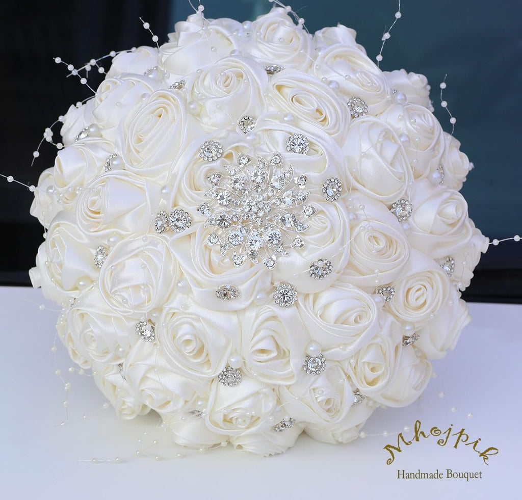 Mhojpik Bridal Wedding Bouquet Round Bling Brooch Holding Bouquet Artificial Rose Flower Bunch for Bride Bridesmaid Wedding Quinceanera(Ivory, 9.8")
