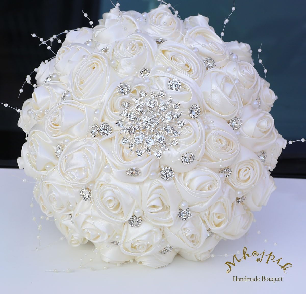 Mhojpik Bridal Wedding Bouquet Round Bling Brooch Holding Bouquet Artificial Rose Flower Bunch for Bride Bridesmaid Wedding Quinceanera(Ivory, 9.8")