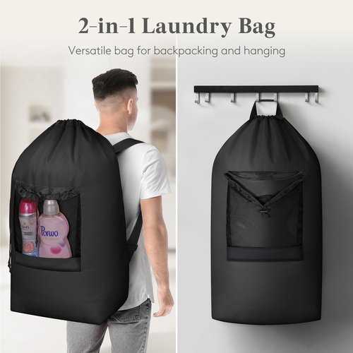 Lifewit Laundry Bag, Extra Large Laundry Backpack with Shoulder Straps and Mesh Pocket for Laundromat, Heavy Duty Laundry Bag Backpack for Dirty Clothes for College Dorm/Travel/Apartment, 90L, Black